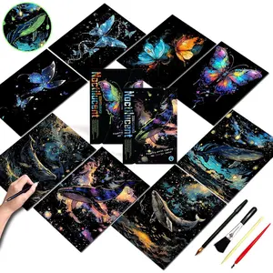 Scratch Art for Adults and -Glow in The Dark Scratch Painting Craft Kit (8 Sheets A4)|DIY Foil Engraving Art Set|   for Travel Lovers,Craft Lovers, Decors (Butterfly & Whale)
