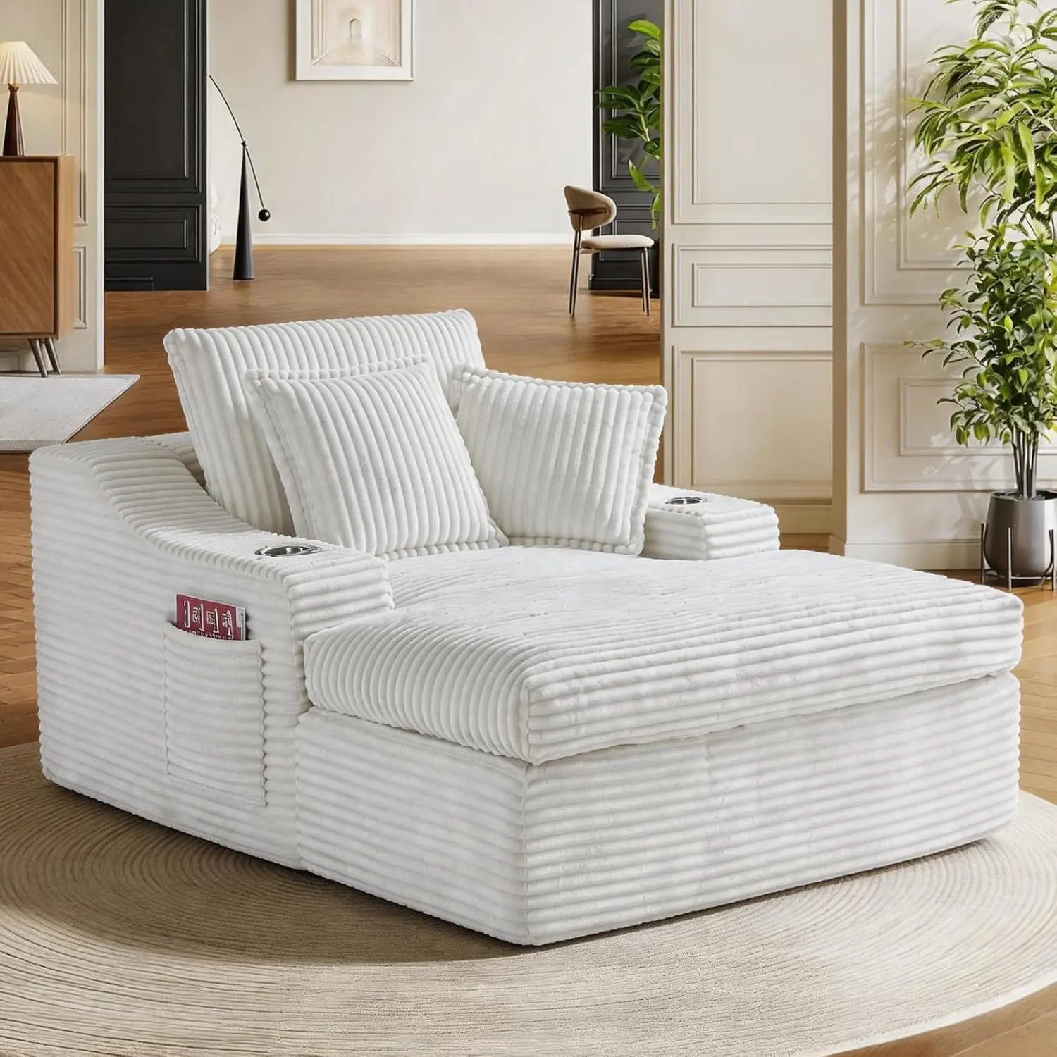 67'' Indoor Oversized Chaise Lounge Chair - Corduroy Boneless Cloud Sofa, No-Assembly Upholstered Sleeper Sofa Bed with Cup Holders, 3 Pillows, Deep Seat for Living Room Watch Party, White