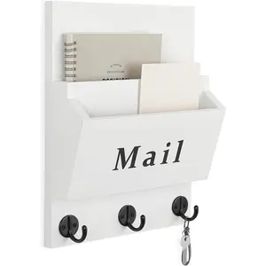 Mail and Key Holder - Decorative 8.86" x 11.42" Wall Key Hanger with 2 Mail Organizer Slots and 3 Hooks - Real Paulownia  with Keyhole Brackets, Hardware and Instructions (White)