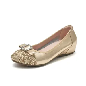 Women's Champagne Gold Glitter Embellished Low Wedge Slip-On Ballet Flat Shoes - Rhinestone Bow Detail, Comfortable, Versatile for Dressy Events, Bridesmaid Duties, Shoe