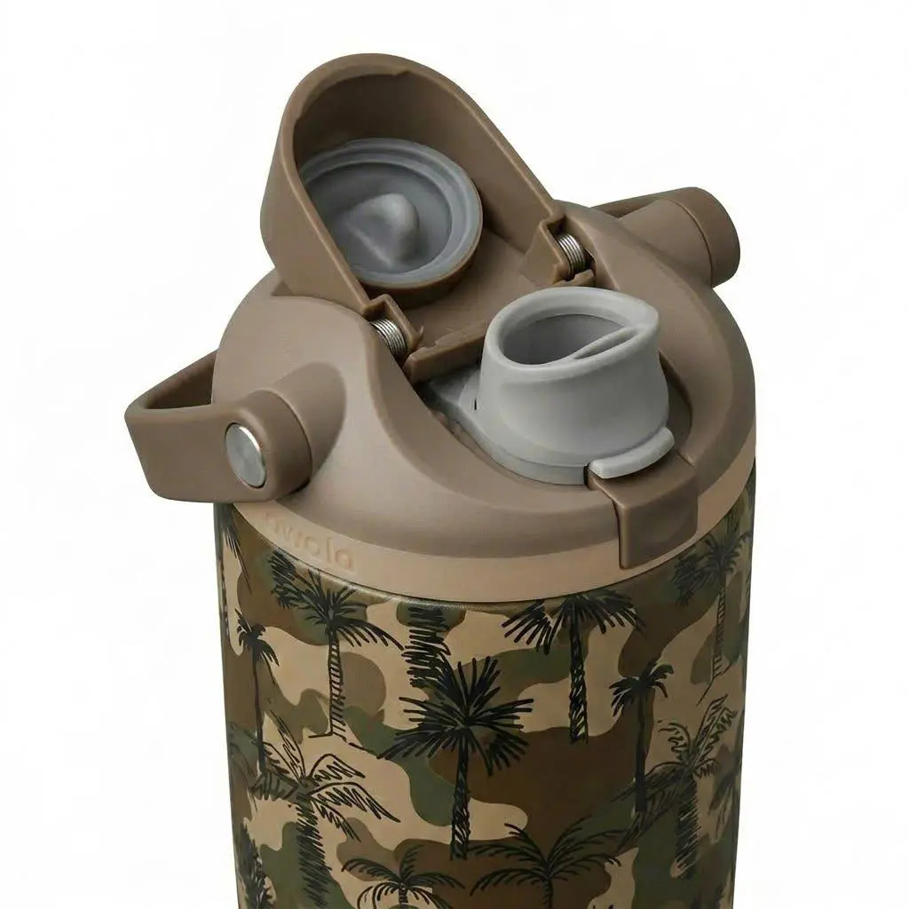 Owala 30oz Tropical Camo Water Bottle with Carry Handle and Straw Lid, Insulated Stainless Steel Sports Tumbler, Palm Tree Travel Cup