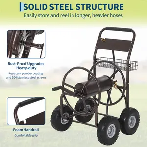 Hose Reel Cart, Holds Up to 300 Feet of 5/8 Inch Hose, Garden Water Hose Cart with 4 Wheels, Freestanding Water Hose Reel with Storage Basket, Powder Coated Steel for Garden, Yard, Lawn