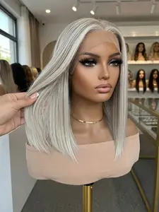 High Definition Lace Front Wig 12 Inch Short Silver Color Gradient, 13x6 No Parting Heat Resistant Synthetic Wig for Women Daily Wear Silky Straight Wigs