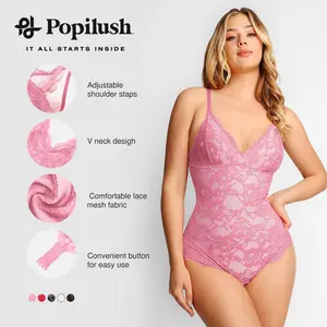 Popilush Basic Full Lace Shapewear Bodysuit Women Vneck Compression Sleeveless Thong Tummy Control Backless Adjustable Sexy Long Sleeve Bodysuit Womenswear