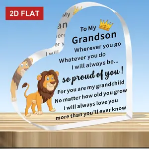 2D Flat, ized Grandson Name & Date Heart Plaque - 4x4 Inch Glass Effect Keepsake Trophy for Birthday, Christmas, Graduation Gifts from Grandad - Desktop Display for grandson achievements, 2D Flat
