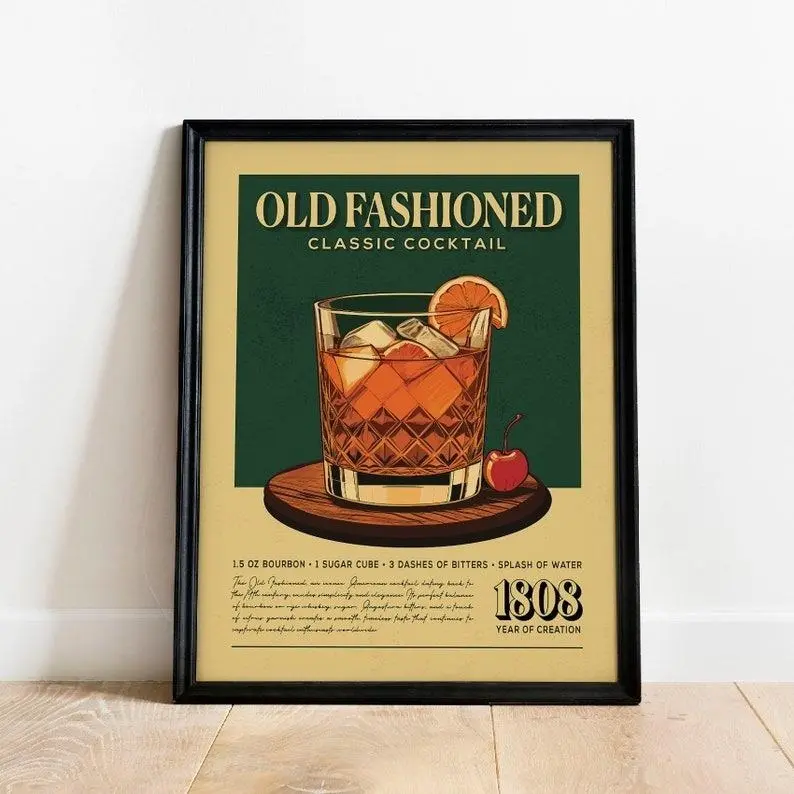 Vintage Old Fashioned Cocktail Paper Print - Unframed Home Wall Art, Decorative Poster, Classic Aesthetic Bar Accessory, Bordered Bar Cart Accent, Decoration, House Decor