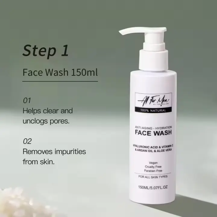 ALL FOR MEN Anti-Aging Hydration Face Wash 150ml - 100% Natural with Hyaluronic Acid Vitamin E & Aloe Vera for All Skin Types