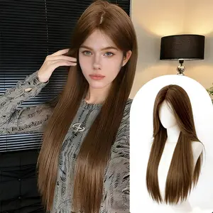 Lotfon  Long, straight, flaxen brown, glue-free synthetic wig, suitable for women, adjustable head circumference, comfortable fit, easy to wear, lightweight and comfortable, effortlessly achieving a stylish look