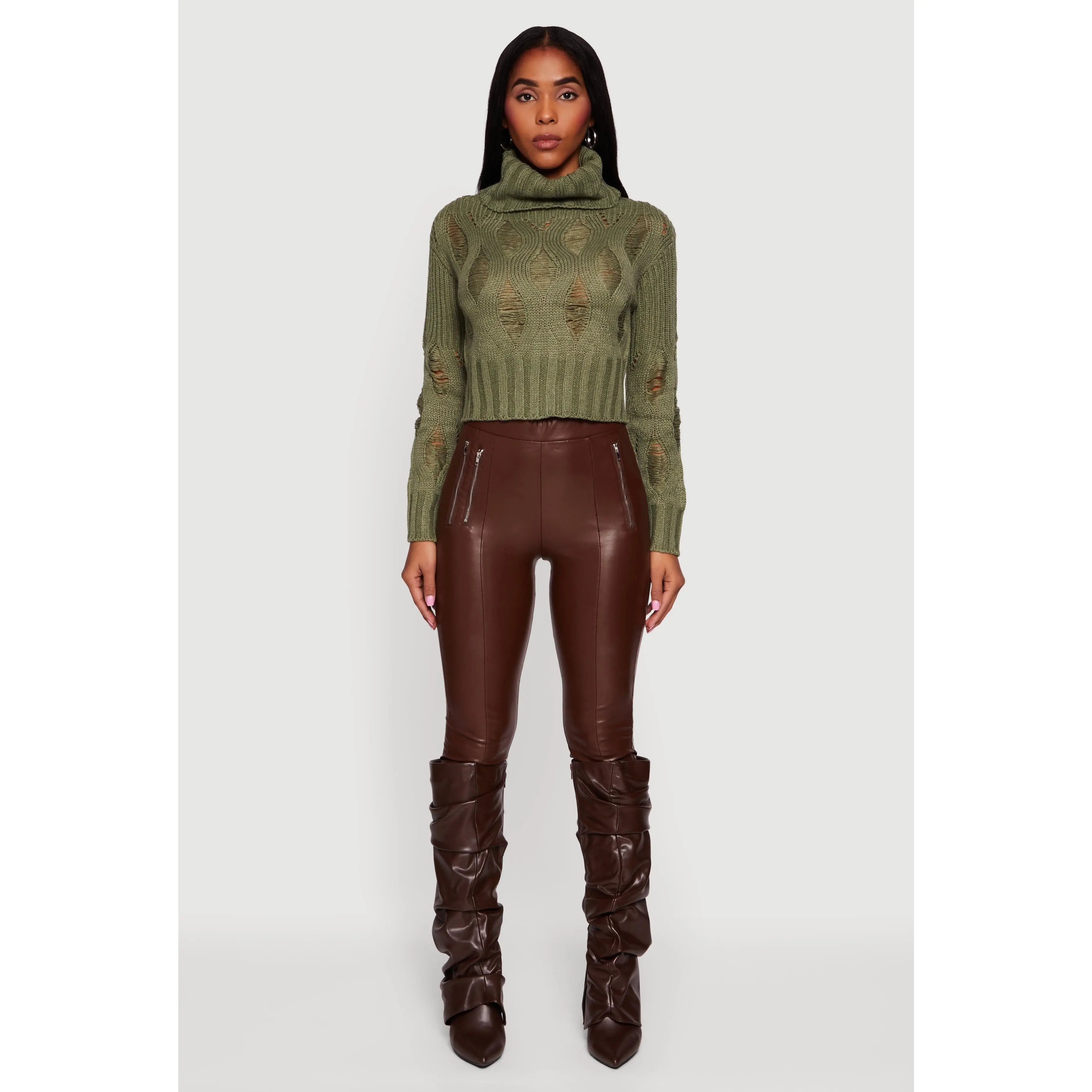 Long Sleeve Distressed Turtleneck Sweater