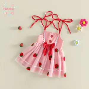 Baby Girls Pink Strawberry Tulle Dress, Spaghetti Strap Sundress with Red Bow & 3D Strawberry Appliques, Cute Tutu Dress for Toddlers, Perfect for Birthday, Easter & Summer Parties