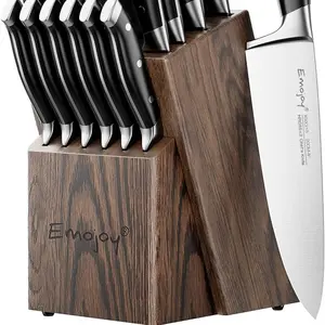 Emojoy 18-Piece Kitchen Knife Set with Wooden Block – German Stainless Steel Blades, Manual Sharpened Chef Knives, Professional Black Knife Set
