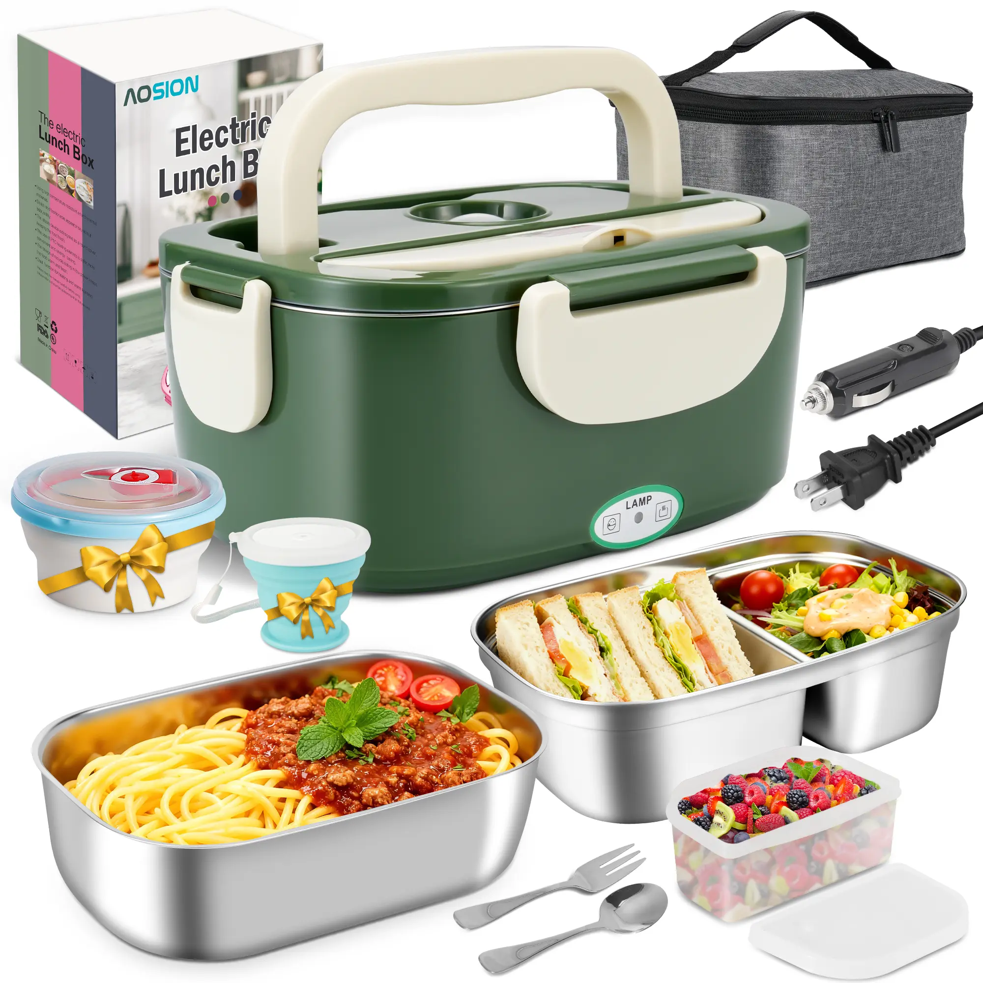 AOSION Electric Lunch Box for Adults, Heated Lunch Box 3-IN-1 80W Self Portable Food Warmer for Car/Truck/Office, Upgraded Lunch Box Leak-Proof Stainless Steel Container, Gifts for Men