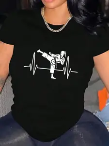 Women's Casual Short Sleeve T-Shirt with ECG & Taekwondo Graphic Print - Breathable Round Neck Tee for Summer, Gym, and Casual Attire - Machine Washable, Sports Themed Apparel, Comfortable Fit Tee