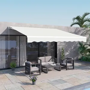12' x 10' Electric Retractable Awning with Remote & Manual Crank UV Protection Sun Shade for Deck Balcony Yard Cream White 270gsm PU-coated Polyester Fabric