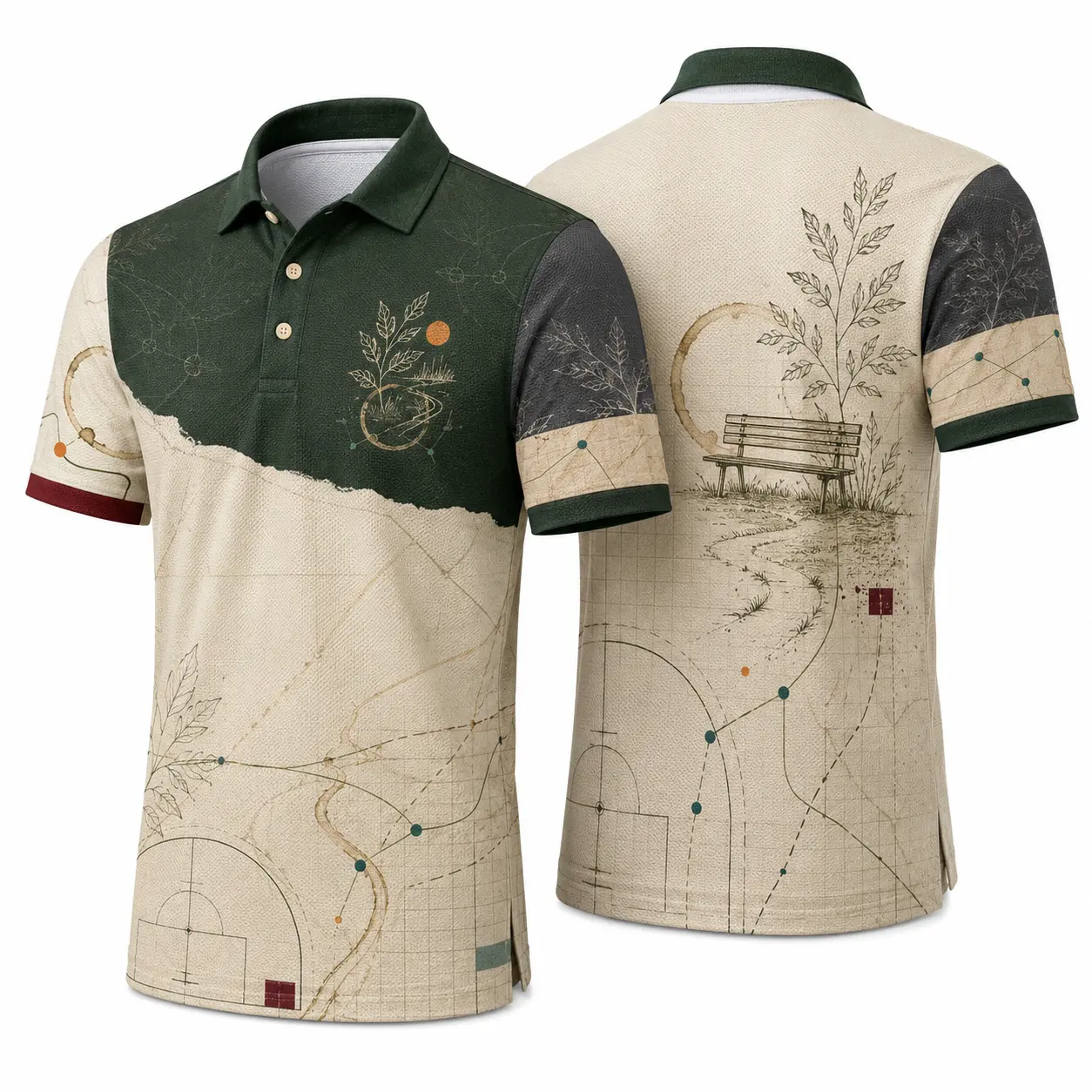 Men’s Park Bench Graphic Polo Shirt, Cream Green Short Sleeve Button Collar Lightweight Casual Weekend Top