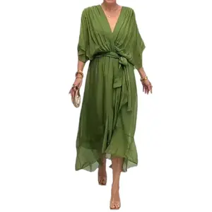 Stylish and Elegant V-Neck Maxi Dress, Women High Waist Tiered Chiffon Maxi Dress, Summer Wedding Guest Dresses