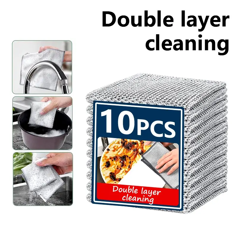 Double-Layer Wire Sponges - Non-Scratch Reusable Metal Cloth Cleaning Rags for Kitchen Cookware Care, Stove Top, Wet-Dry Multipurpose Home Care Sponges