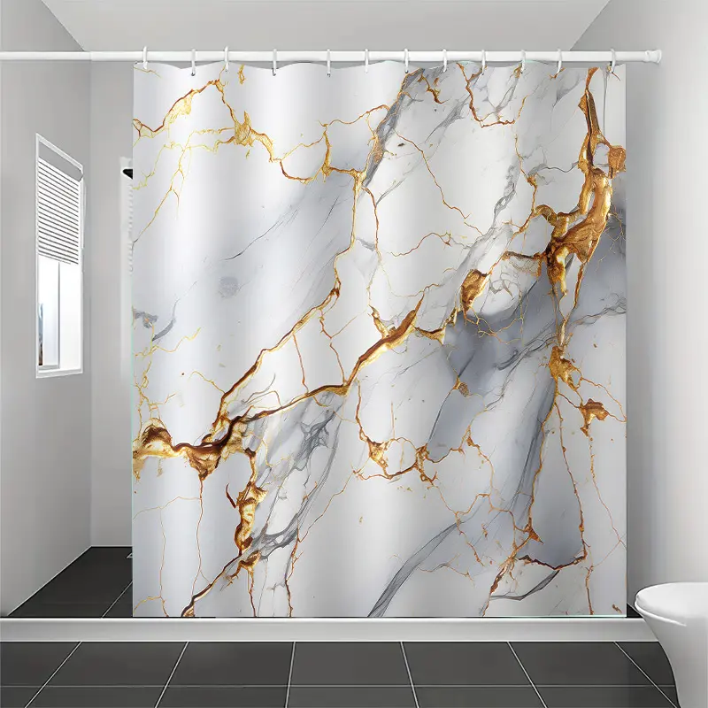 1pc Elegant Golden Marble Pattern Shower Curtain with Hooks - High-End Polyester, Washable, Weave, Artistic Design, Multi-Functional for Bathroom Decor, All-Season Use, Shower Curtains for Bathroo