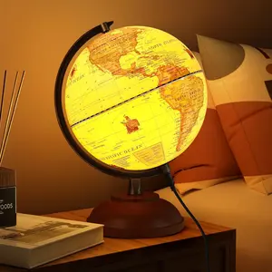 Illuminated 8 Inch Vintage World Globe with Wood Stand, Light Up Globe for Kids & Adults Geography Learning, Antique Globe Lamp Night Light Desk Decor for Home Office Classroom