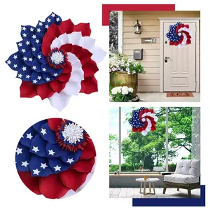 Handcrafted Patriotic Flower Shaped Wreath - Red White Blue American Flag Wreath for Front Door, 4th of July Memorial Day Veterans Day Indoor Outdoor Wall Window Decor
