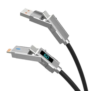 4-in-1 Multi Fast Charging Cable with LED Display, Flat Nylon Braided Cord for Samsung iPhone iPad - 1.5m