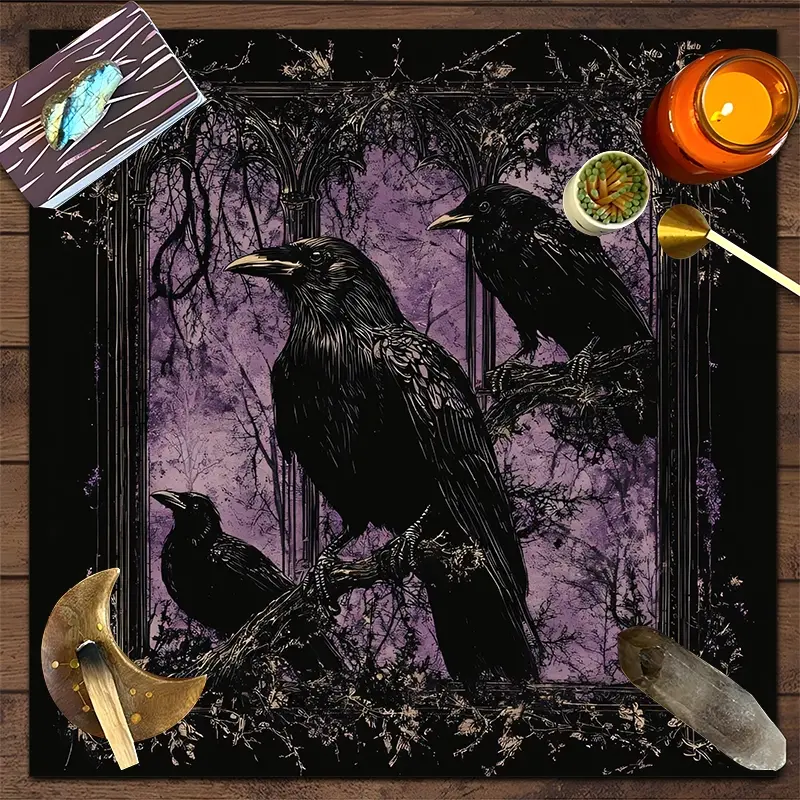 1pc Mystical Black Raven Square Altar Cloth Purple Floral Witchy Mystical Tablecloth Tarot Card Spread Reading Cloth Table Mat Decorative Tarot Reading Cloth, Tapestry Wall Hanging Home Wall Rugs, Perfect for Halloween and Seasonal Gift Decor