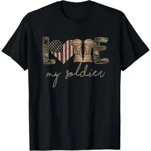 Cotton Short Sleeve I Love My Soldier Military Army Wife USA Camouflage Flag T-Shirt for Men and Women