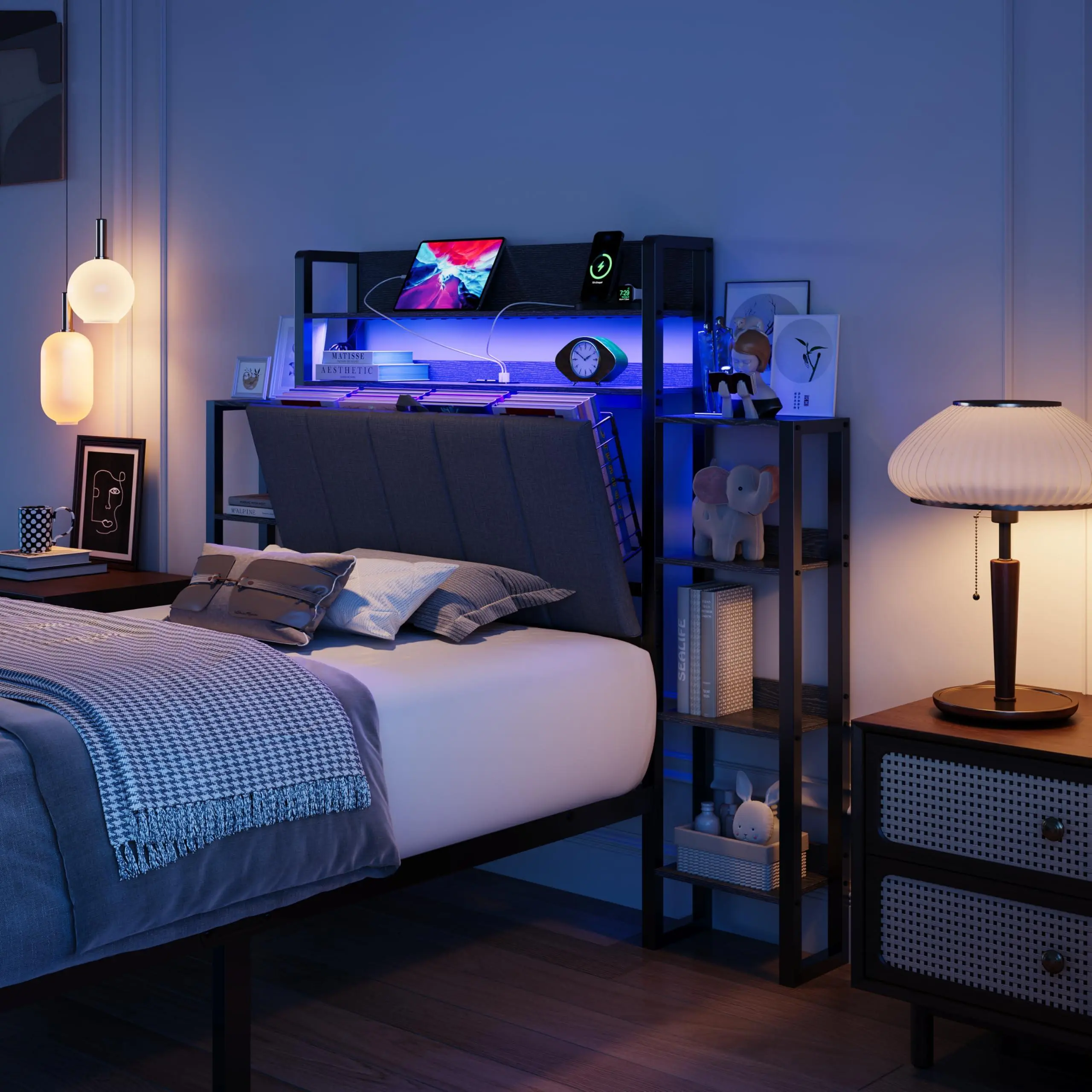 Twin Storage Bed Frame with Upholstered Headboard Cabinet LED Lights Charging Station Side Shelves and Pull Out Footboard Storage No Box Spring Needed, Black