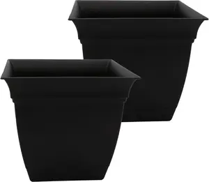 The HC Companies Eclipse Square Plastic Planter w/Attached Saucer - Outdoor & Indoor Plant Pot with Drainage Holes - Lightweight, UV-Resistant Plastic Pots for Plants (12" Black, Pack of 2)