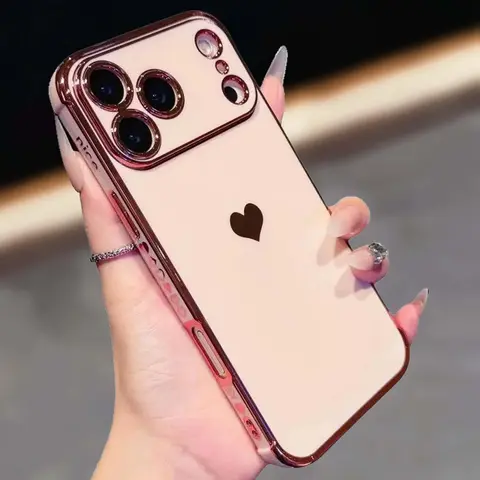 Luxury Gold-Plated Cute Love Heart TPU Cellphone Case - Camera Protector, Dust-Proof Net, Side Heart Pattern, Shockproof Protection, Durable Cover for iPhone 1-18 Pro Max Multi-Model Handheld Devices