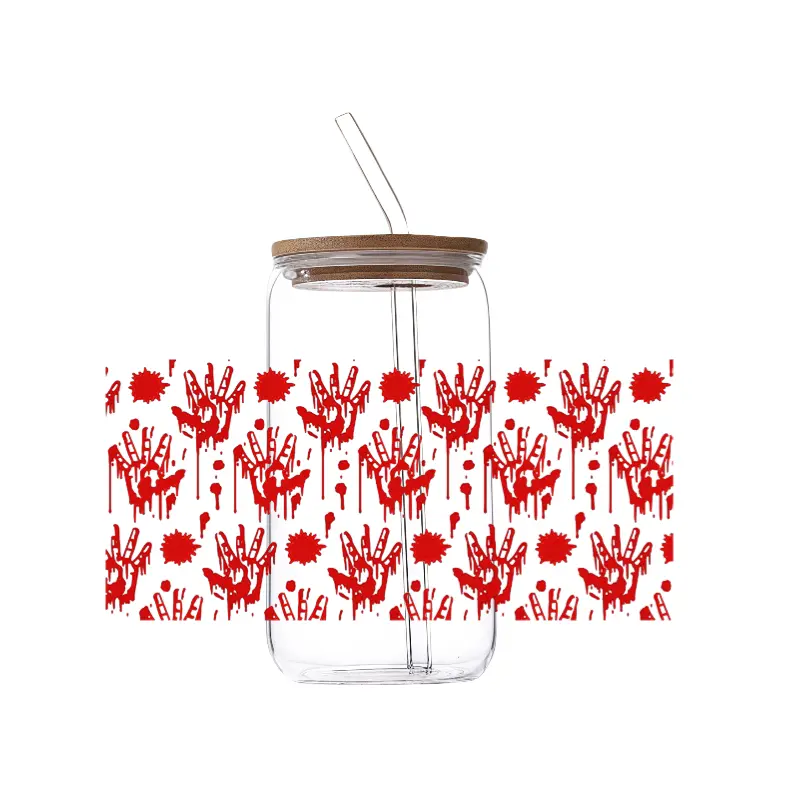Spooky Bloody Hand UV DTF Tumbler Wraps, Horror Blood Print Cold UV Transfer Decals, DIY Cup Decor For Halloween Party Gift