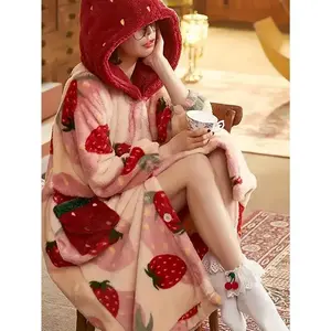 Cozy Strawberry Robe – Soft coral fleece robe with cozy strawberry print for women; long-sleeve hooded gown/loungewear/nightwear; comfortable, oversized, baggy, loose fit