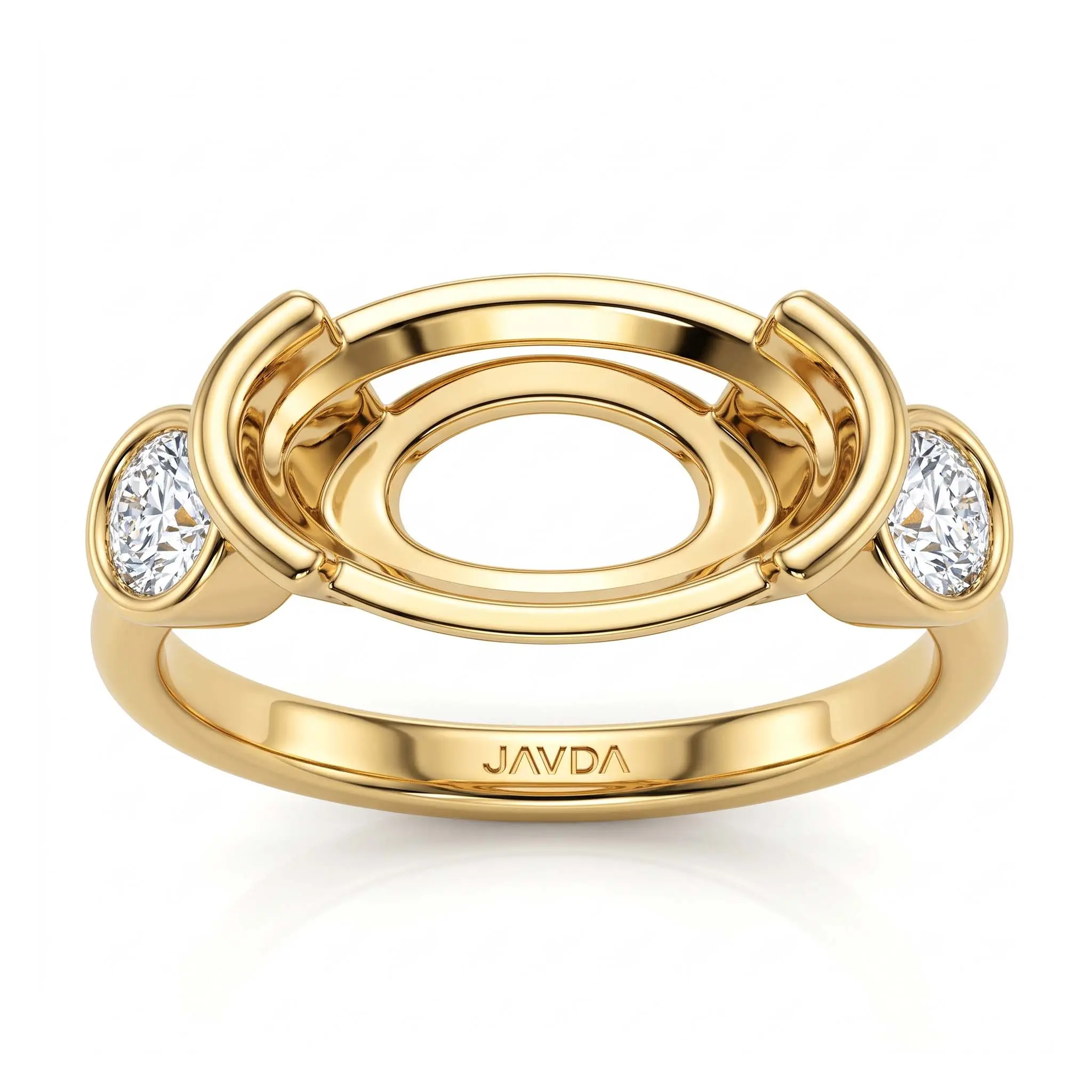East-West Oval Ring Setting with 0.30 ctw. round Bezel Side Stones | 14k White/Yellow/Rose Gold | Fits 1ct to 6ct Oval Center Stone | JAVDA