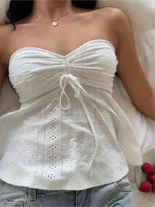 Summer Strapless Hollow Out Top with Front Drawstring, Simple and Elegant Style for Women, Perfect for Casual