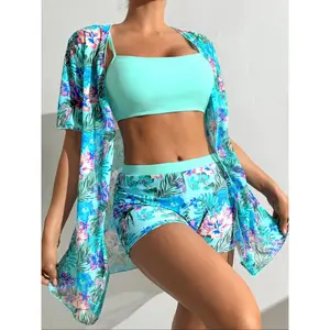 Women's Floral Print Three-piece Bikini Set, Casual Cover Up Outerwear & Swim Shorts & Swim Bra Set, Swimsuit Set for Beach Holiday Vacation Bikini Top Shorts Combo