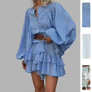 Women's High-waisted Puff-sleeve Ruffled Mini Dress - Euro-American/French Style Formal Party Wear Trendy New Fashion