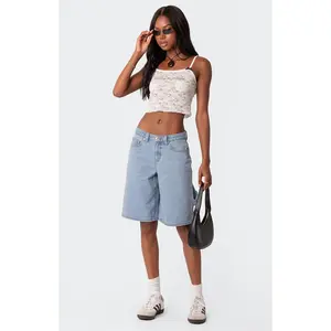 Edikted Women's Low Rise Bermuda Denim Carpenter Shorts