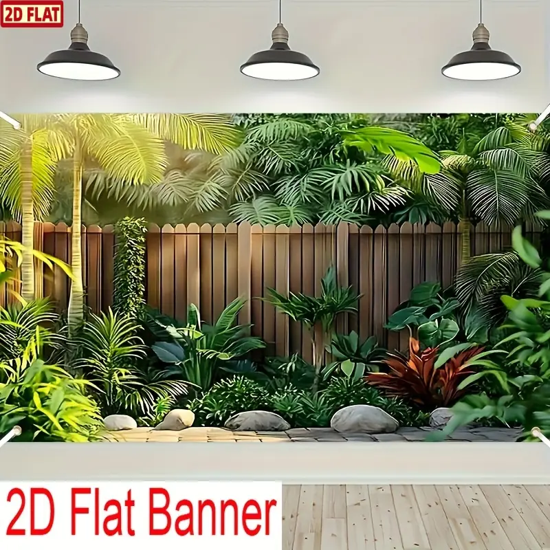 2D Flat Garden Background Banner, Polyester Backdrop Banner, Realistic Tropical Garden Scene with Wooden Fence and Dense Greenery, Available in Sizes Made of Polyester, Suitable for Indoor/Outdoor Decorations
