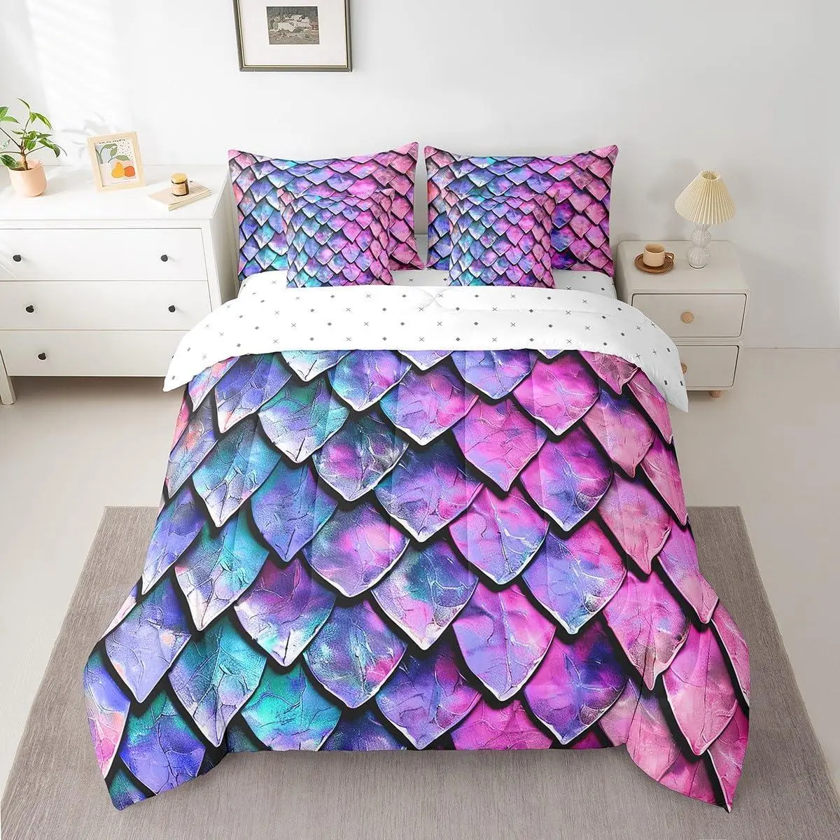 Dragon Scale Bedding Set 7 Piece Wild Animal Skin Comforter Set with Sheets for Kids Girls Decor Glitter Psychedelic Animal Bed in a Bag Wild Safari Theme Purple Pink Bed Set