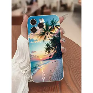 Beach Sunset Palm Tree  Perforated Edge Painted Anti-Drop Soft Phone Case Suitable For IPhone17/IPhone17 Air/IPhone17 Pro/IPhone17 Pro Max/16 Pro Max/15 Pro Max/14 Pro Max/13 Pro Max/12 Pro Max
