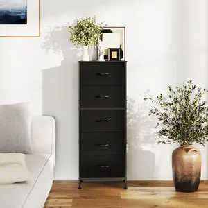 Dresser for Bedroom with 5 Drawers, Tall Dresser Vertical Storage Tower, Sturdy Metal Frame, Fabric Storage Bins with Placstic Handle and Wooden Top, Organizer Unit for Closet/Hallway