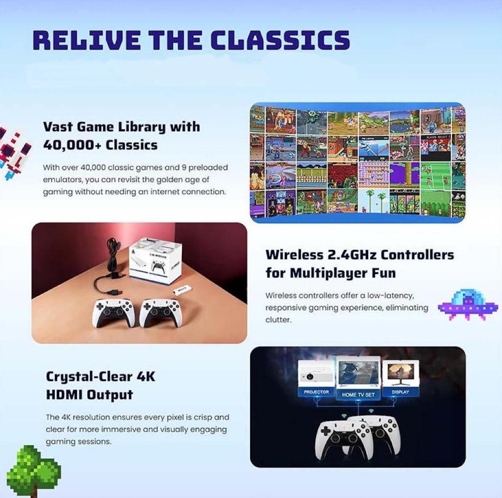 2026 New upgrade 2.0 Retro Game Console with Built-in Games Emulators Wireless Controllers Output & 128GB SD Card Idea  Holiday Gift for Adults, Teens & Kids Gamer