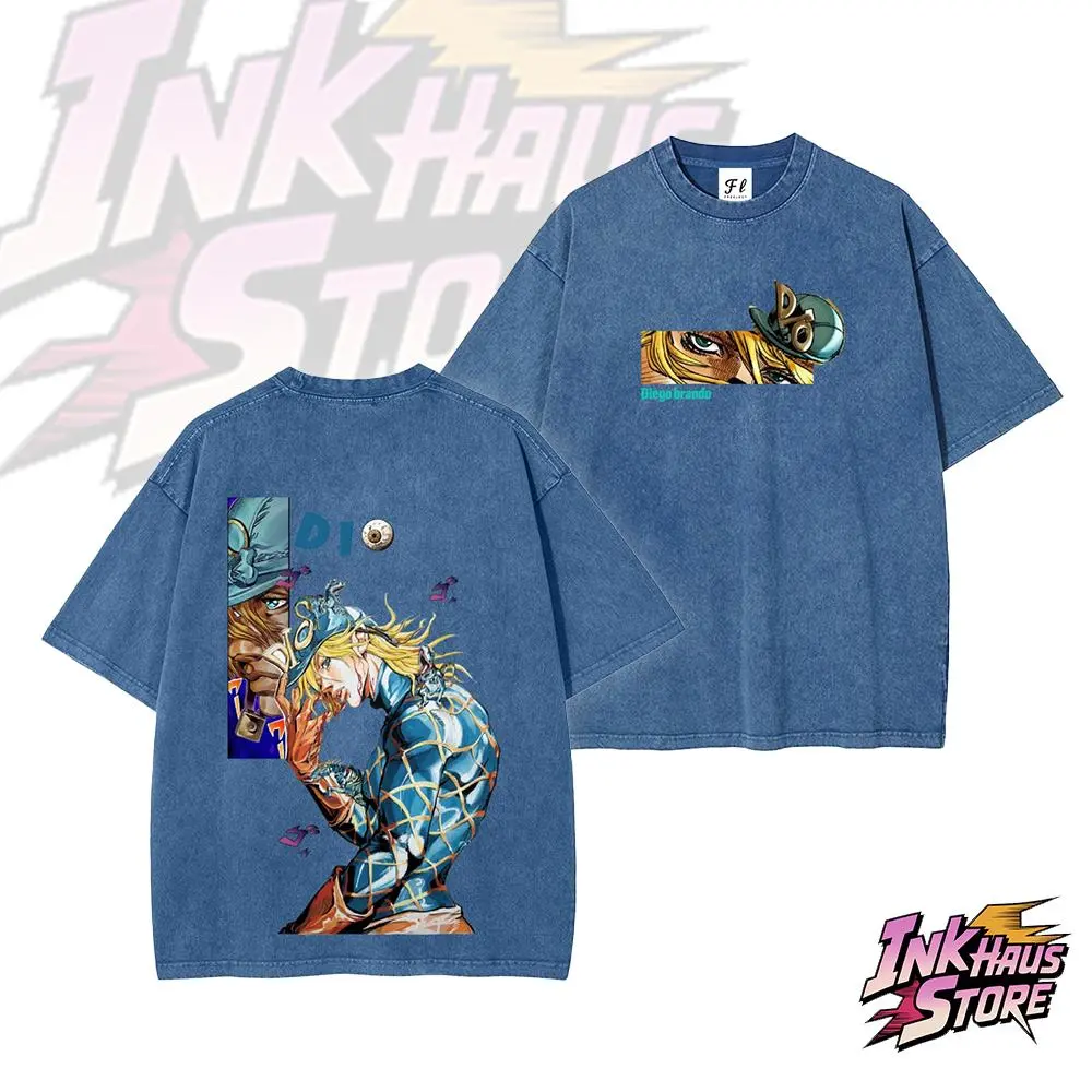 “Diego Brando”acid wash tee, anime fashion streetwear,also known as "DIO," from the manga JJBA Part 7: *Steel Ball Run* --Short Sleeve Cotton Unisex Retro wash Tee