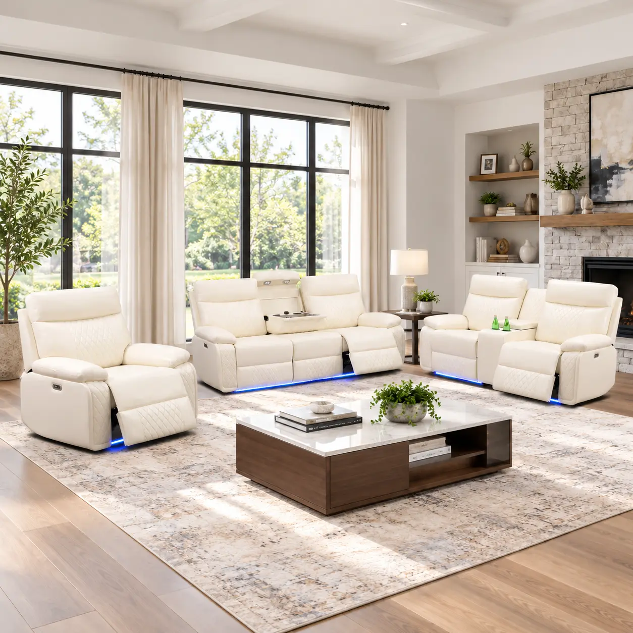Power Reclining Sofa Set, Breathable Faux Leather Living Room Furniture with LED Lights, Wireless Charging, Cup Holders & Storage, Off-White