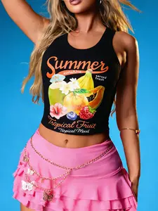 Women's Summer Tropical Fruit Print Tank Top, Sun Coconut Papaya Pattern, Sleeveless Casual Beach Vacation Wear, Fitted Short Style