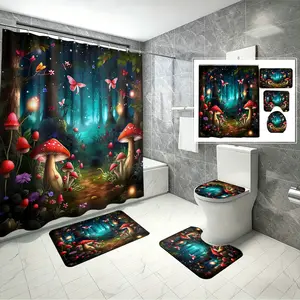 4pcs Enchanted Forest Mushroom Shower Curtain Set, Magical Butterfly & Glowing Forest Bath Curtain,The floor mat fabric is thicker and softer!  Whimsical Fairy Tale Bathroom Decor