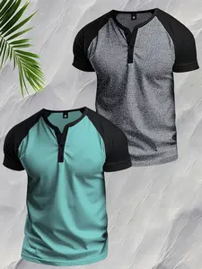 Henley Shirt Two Piece Set For Men Short Sleeve Thermal Underwear Henley Top Casual Slim Fit Lightweight 5 Button Tshirt Stretch Fabric Cotton Street Style Button Front Placket Shirt Round Neckline Knitted Polo Athletic