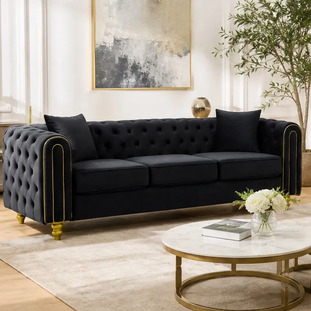 ARCH 86" Sturdy Modern Velvet Sofa - Velvet Couch, 3/5/6-Seat Options, Button Tufted Rolled Arms, Gold Legs, Chesterfield Design, 100.76/124.08 lb, 31.00" W x 63.00" D x 29.50" H, Black/Beige/Green Indoor Living Room Furniture
