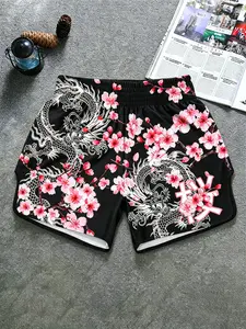 Unisex Cherry Blossom Dragon Print Boxing Shorts, Japanese Sakura Graphic Muay Thai Shorts for MMA, Kickboxing & Training