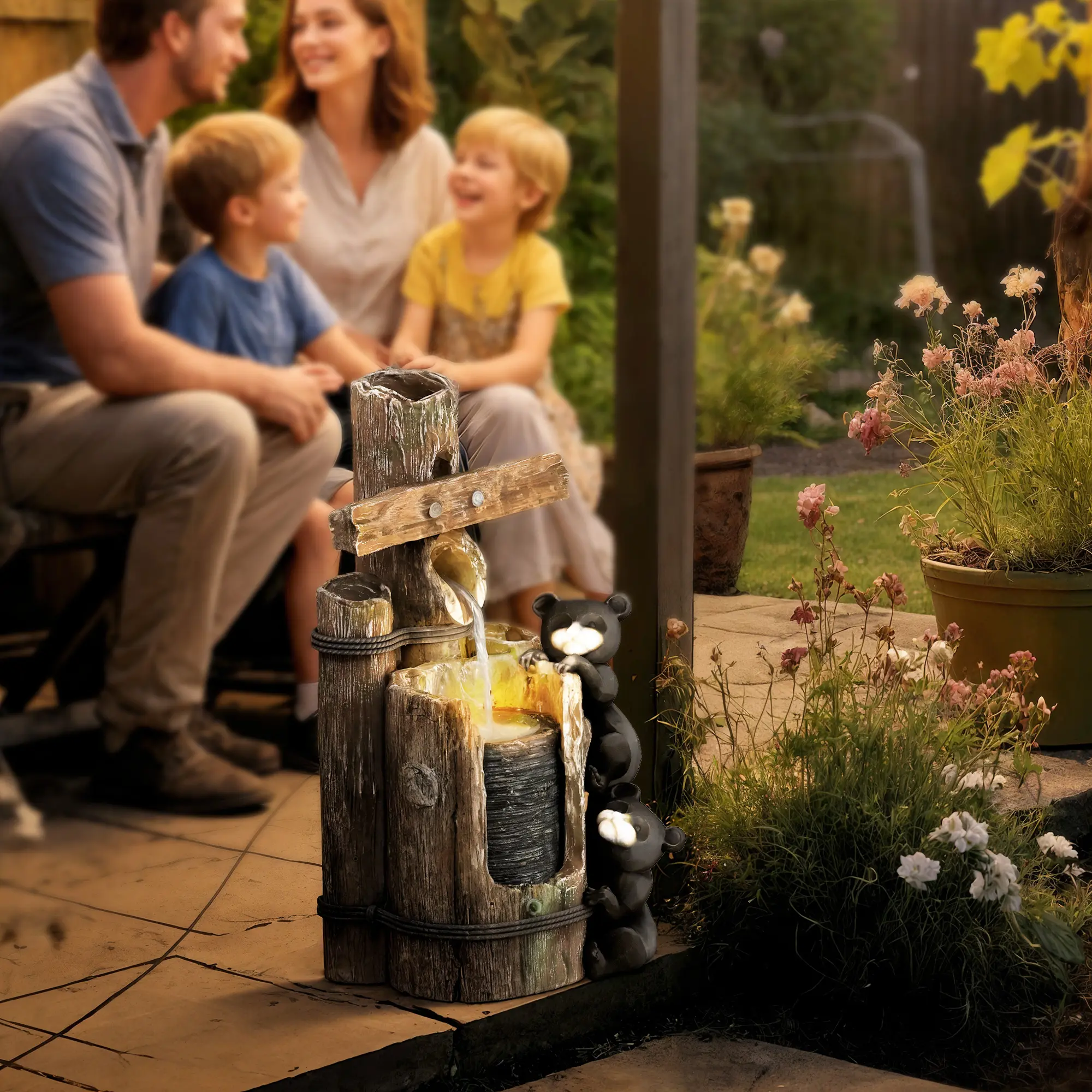 Outsunny 22.8" Tall Outdoor Resin Water Fountain, 3-Tier Floor-Standing Bear Design with Log Base, LED Lights and Pump for Garden, Patio
